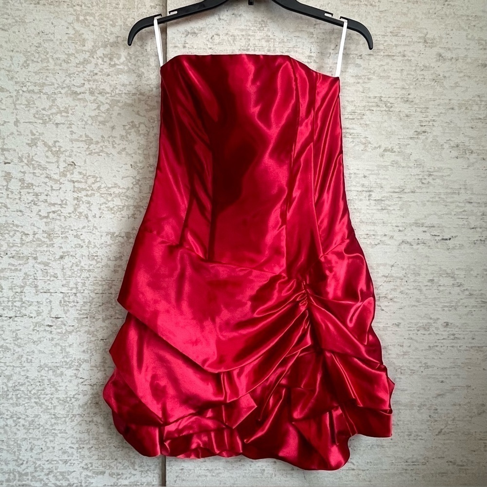 Vintage GUNNE SAX Dress Satin Red Size 11 Brocade Satin Strapless Bustier 80's
